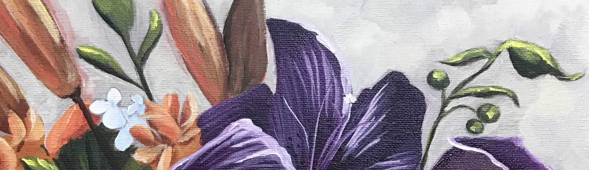 Closeup of a bridal bouquet painting by New Harmony Indiana artist Jaime Haney