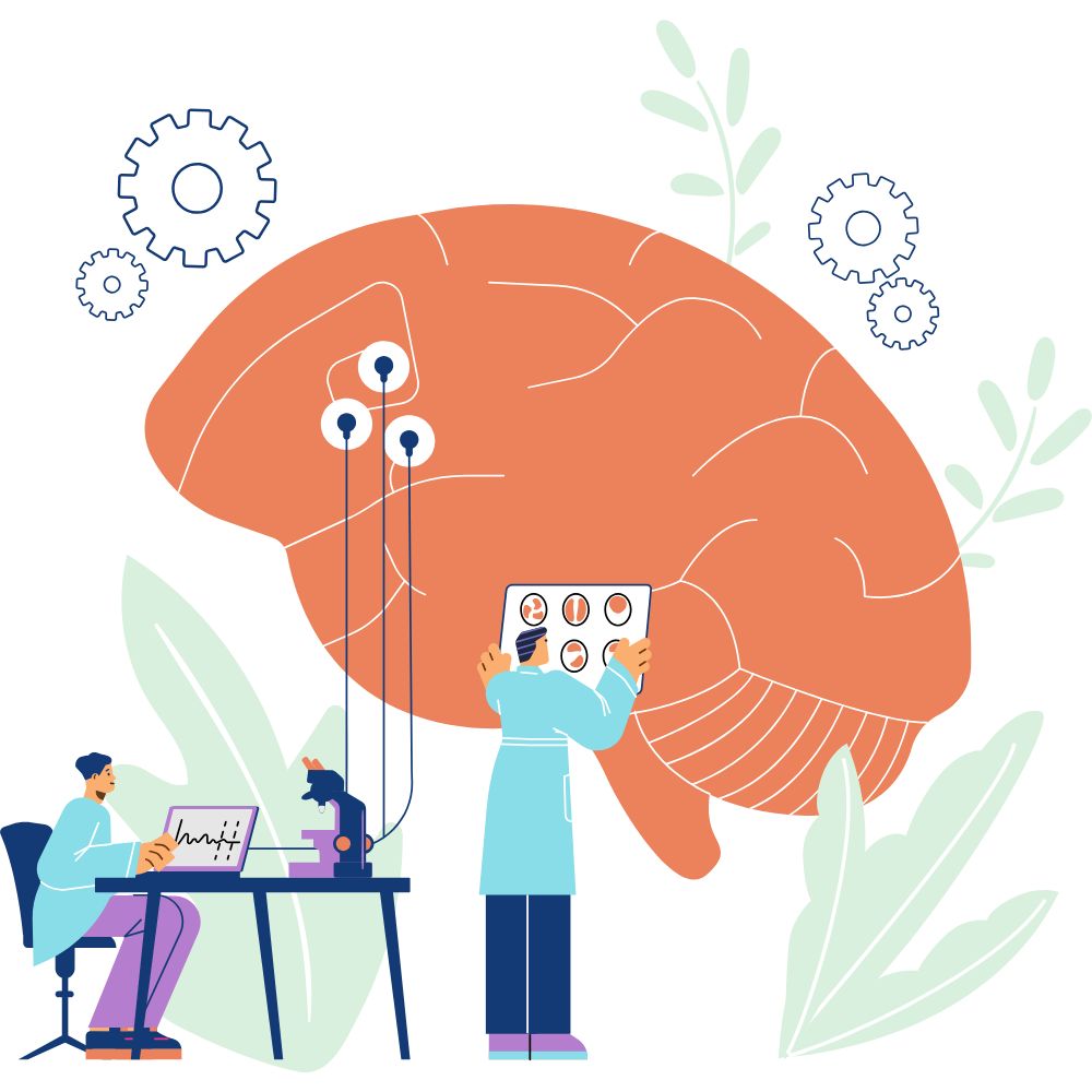 Illustration of brain and scientists studying creativity and miniature building