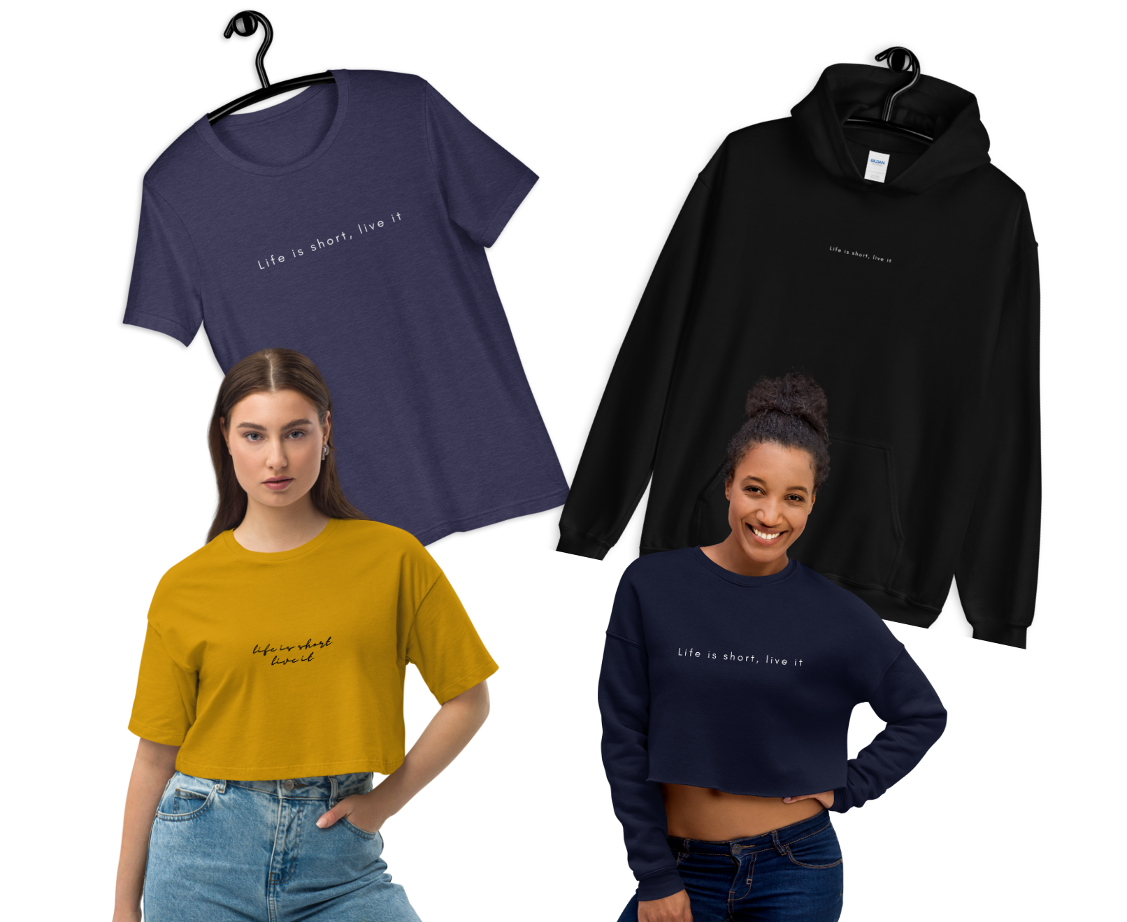 'Life is short, live it' is part of our Viva Vivet collection. Hoodies, crop tops and more available in various colors.